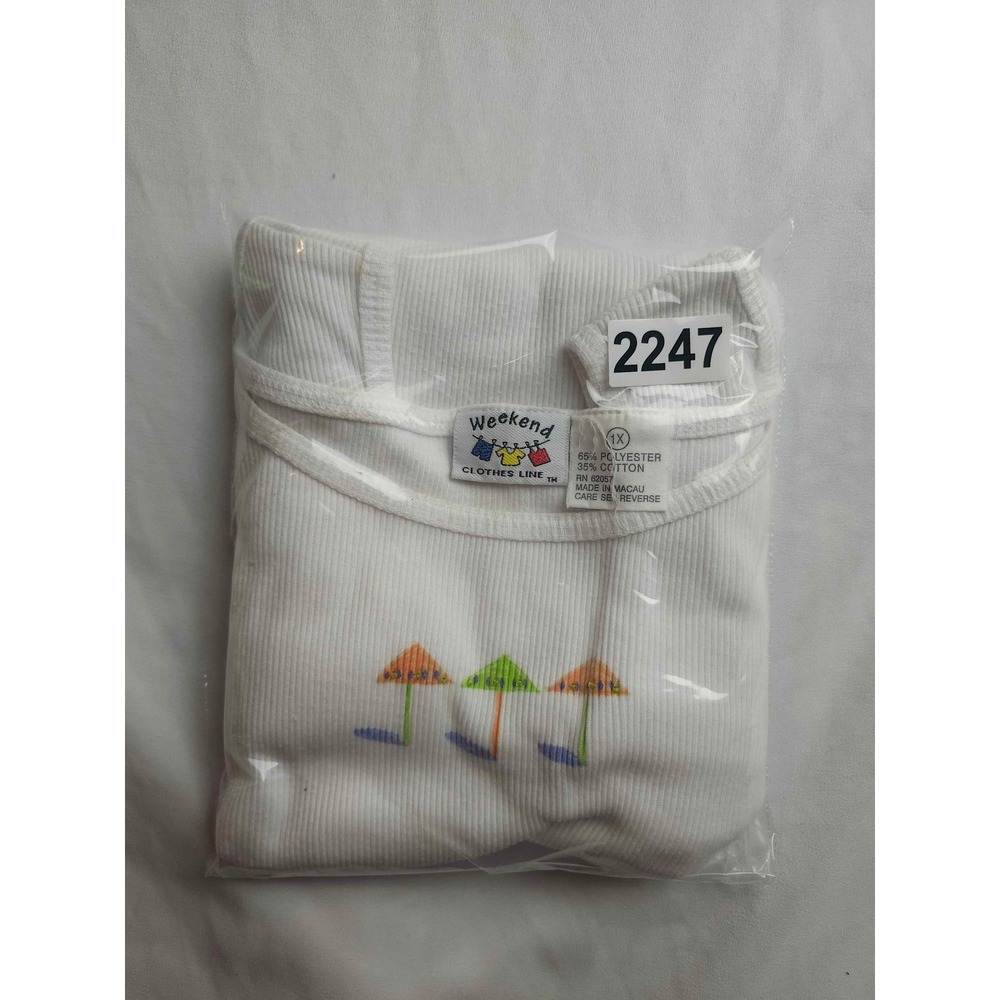 Vintage Weekend Clothes Line White Ribbed Tank Top Beach Umbrella Embroidered 1X - Picture 8 of 8